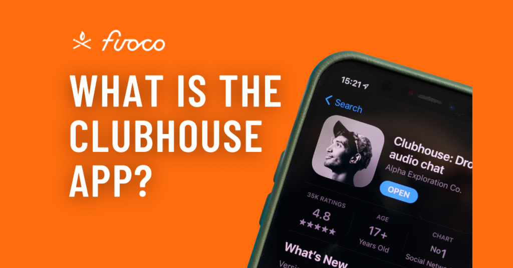 What is the clubhouse app (text) over orange background with image of phone in the app store page.