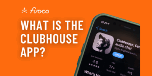 What is the clubhouse app (text) over orange background with image of phone in the app store page.